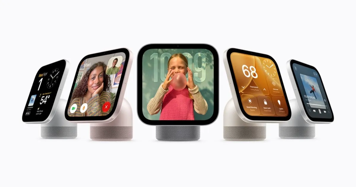 Apple HomeView smart displays in several colours, showing FaceTime, photos, clocks and widgets.